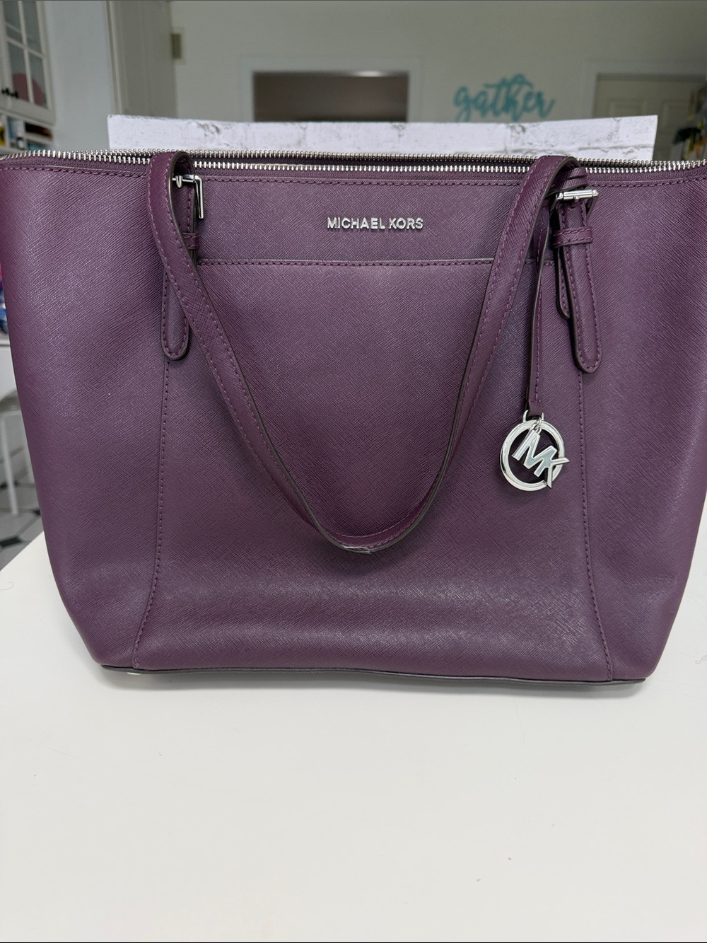 Michael Kors Purple Saffiano Leather Tote with MK Charm